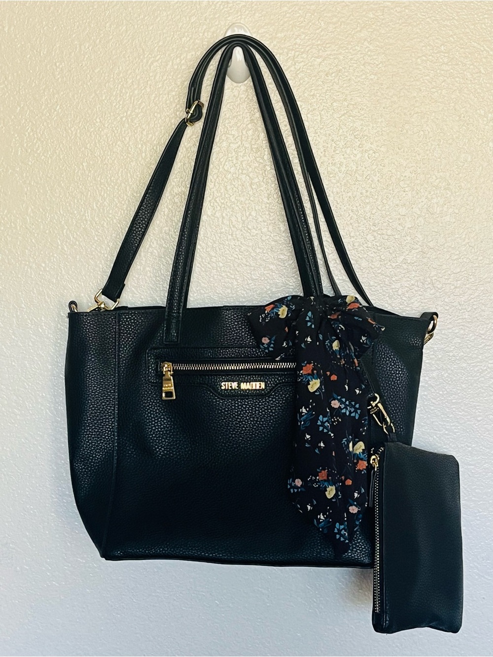 Steve Madden Black Pebbled Tote with Floral Scarf Accent